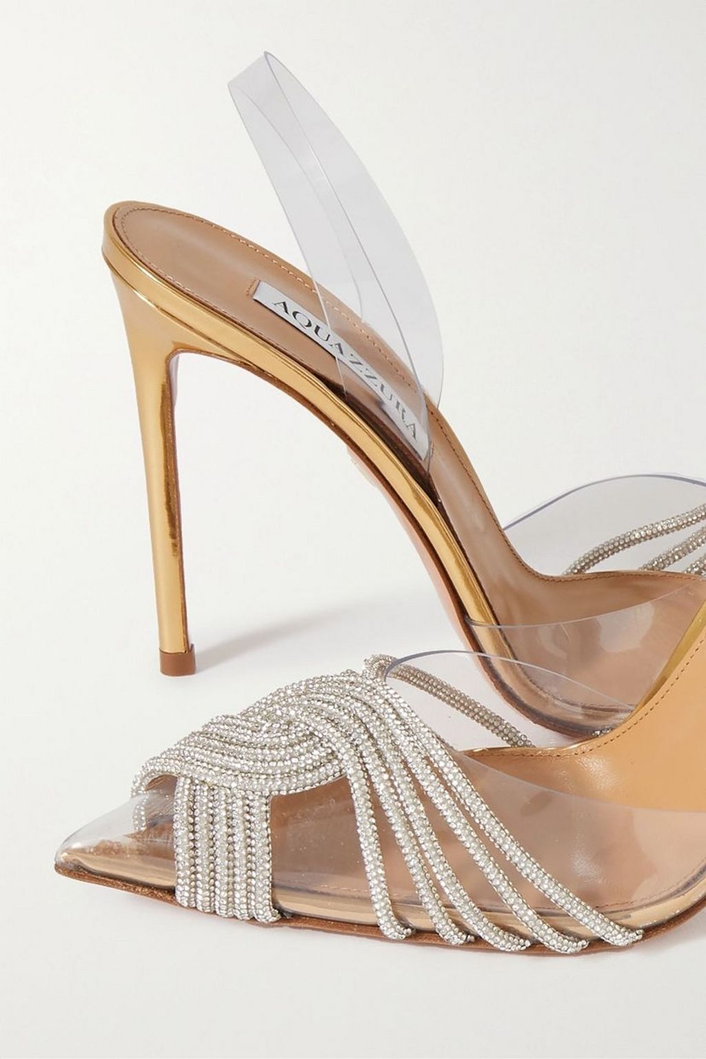 AQUAZZURA Gatsby Sling 105 crystal-embellished PVC and metallic leather pumps