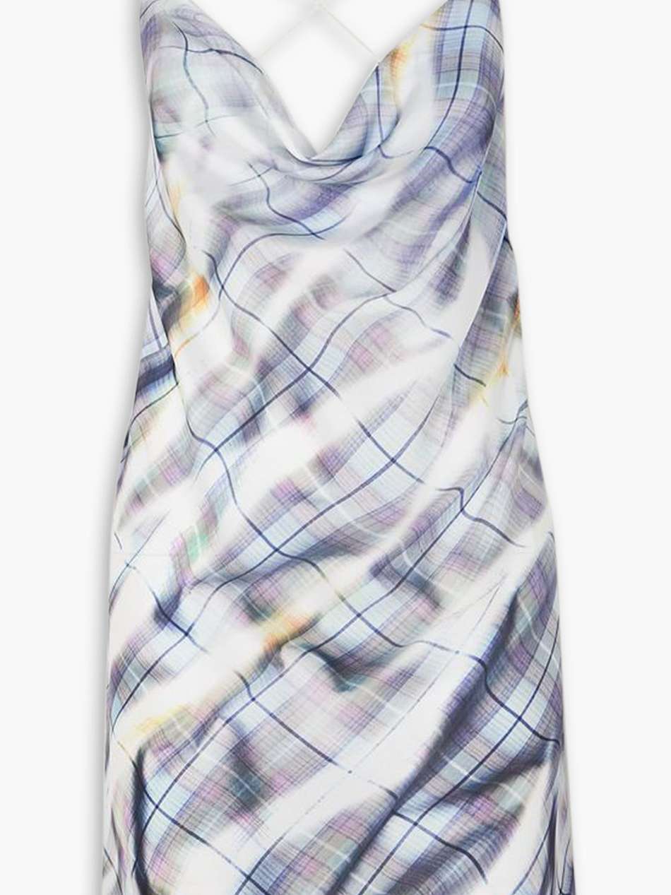 open-back draped checked satin mini dress