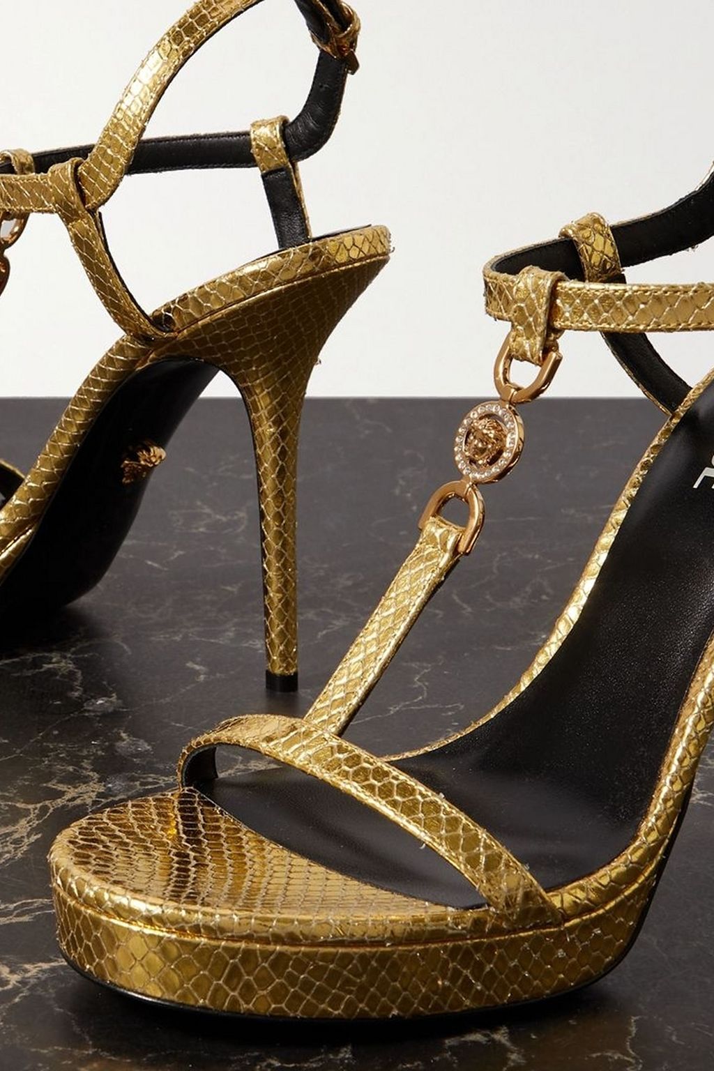 VERSACE Embellished metallic snake-effect leather sandals