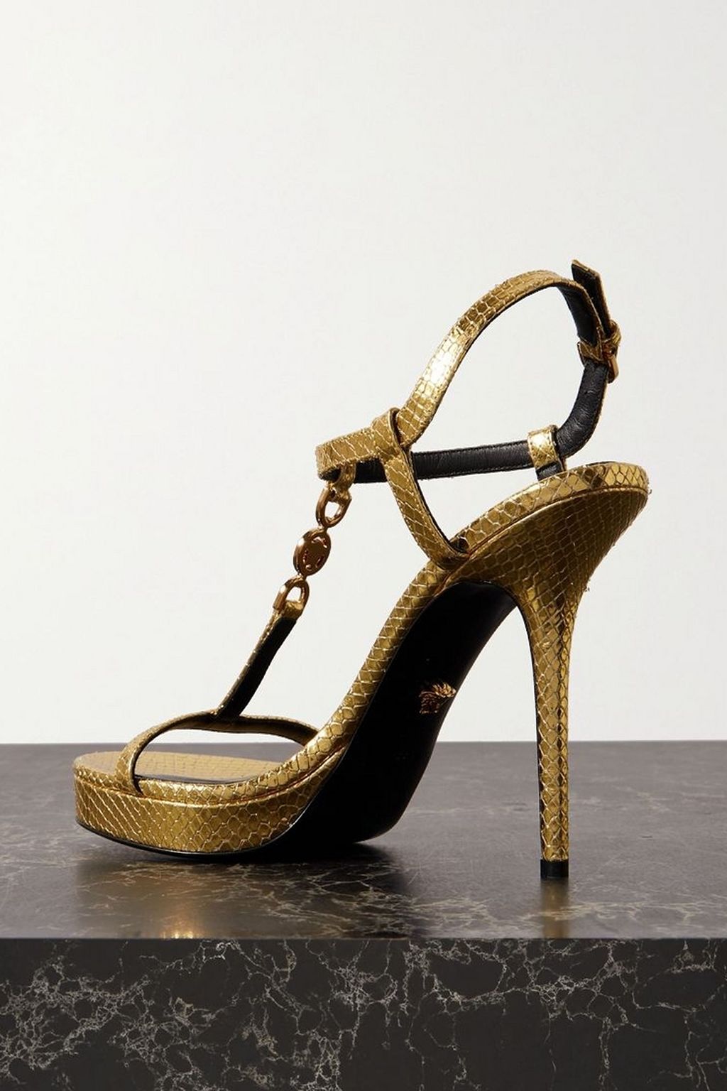 VERSACE Embellished metallic snake-effect leather sandals