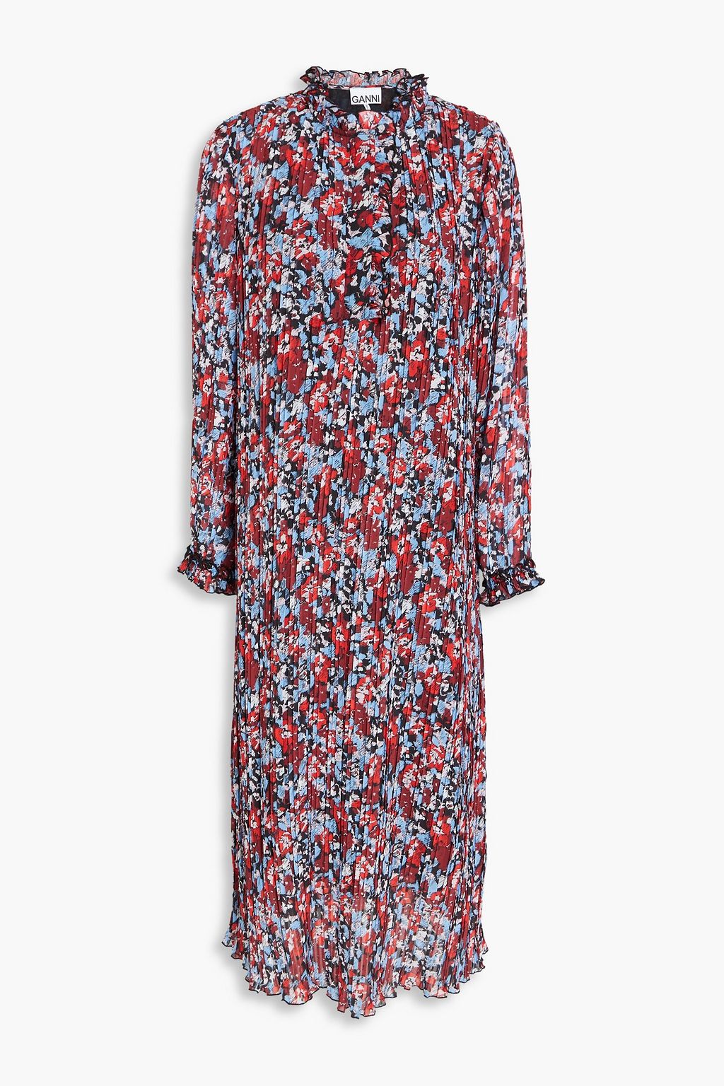Pleated floral print chiffon midi shirt dress red DE 32