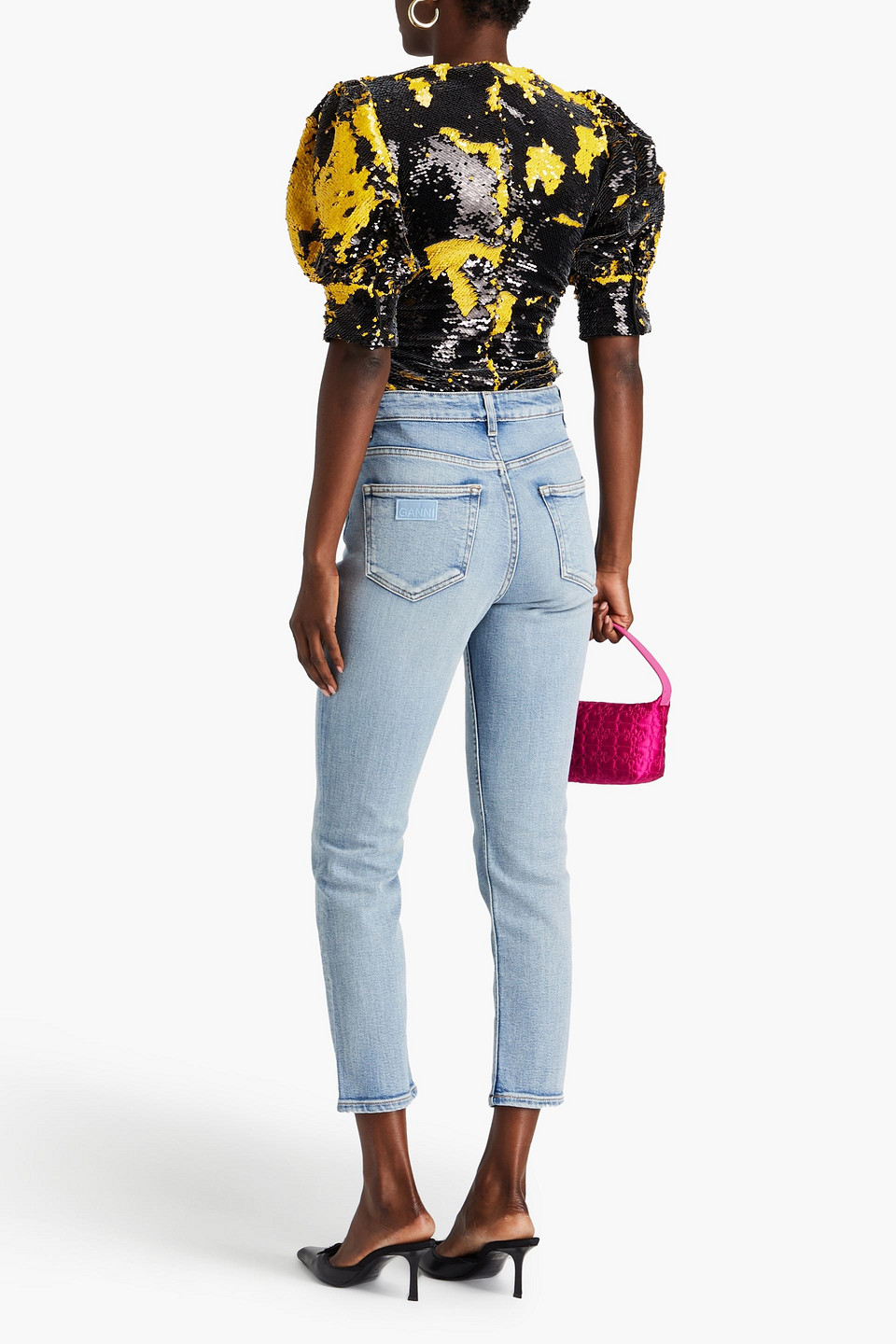 Ganni Cropped Faded High-rise Tapered Jeans In Light Denim