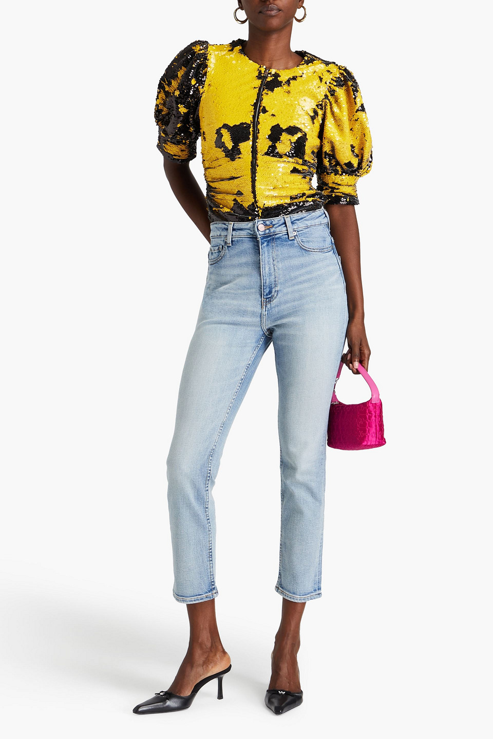 Ganni Cropped Faded High-rise Tapered Jeans In Light Denim