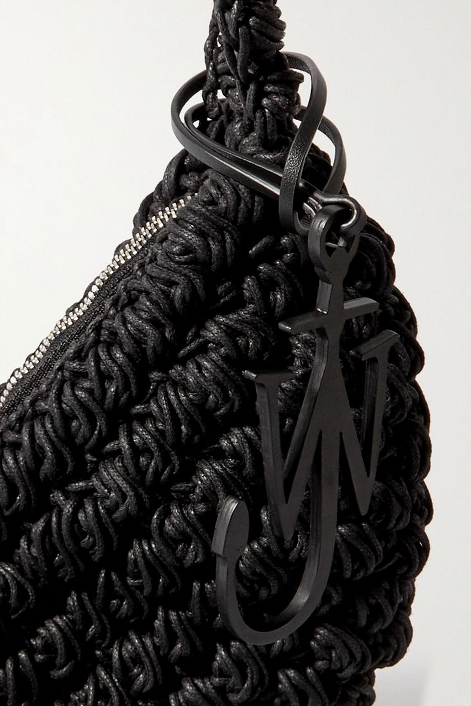 Shop Jw Anderson Popcorn Leather-trimmed Crocheted Cotton Shoulder Bag In Black
