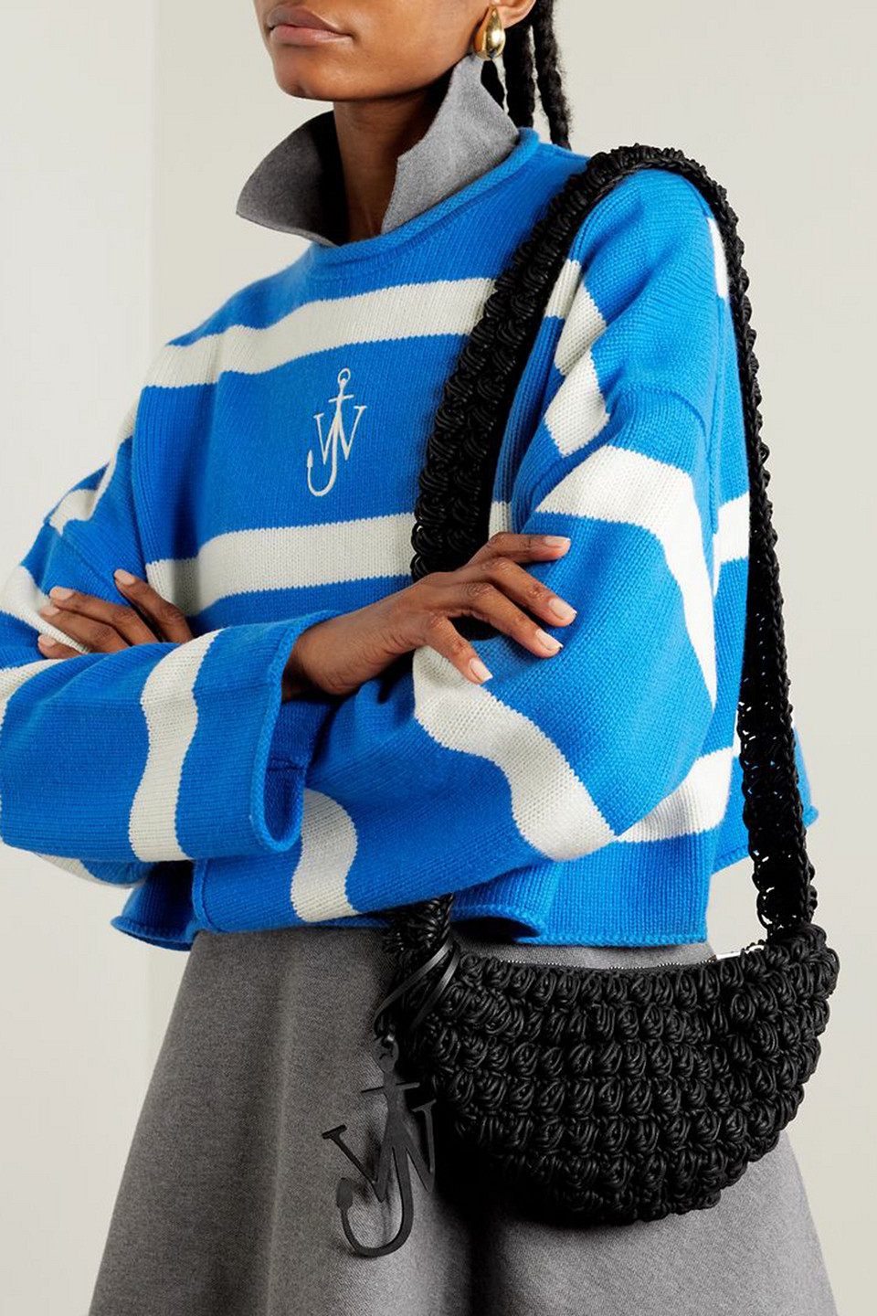 Shop Jw Anderson Popcorn Leather-trimmed Crocheted Cotton Shoulder Bag In Black