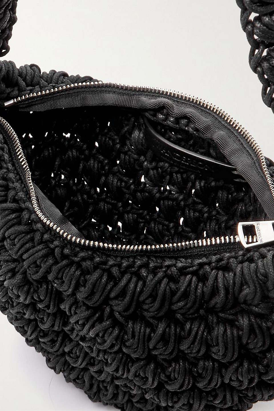 Shop Jw Anderson Popcorn Leather-trimmed Crocheted Cotton Shoulder Bag In Black