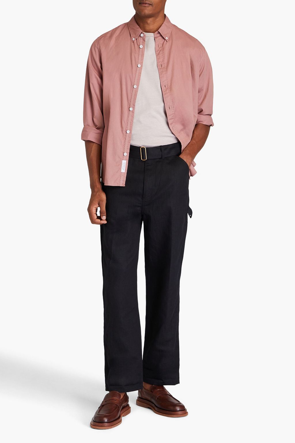 DUNHILL Belted cotton and linen-blend pants
