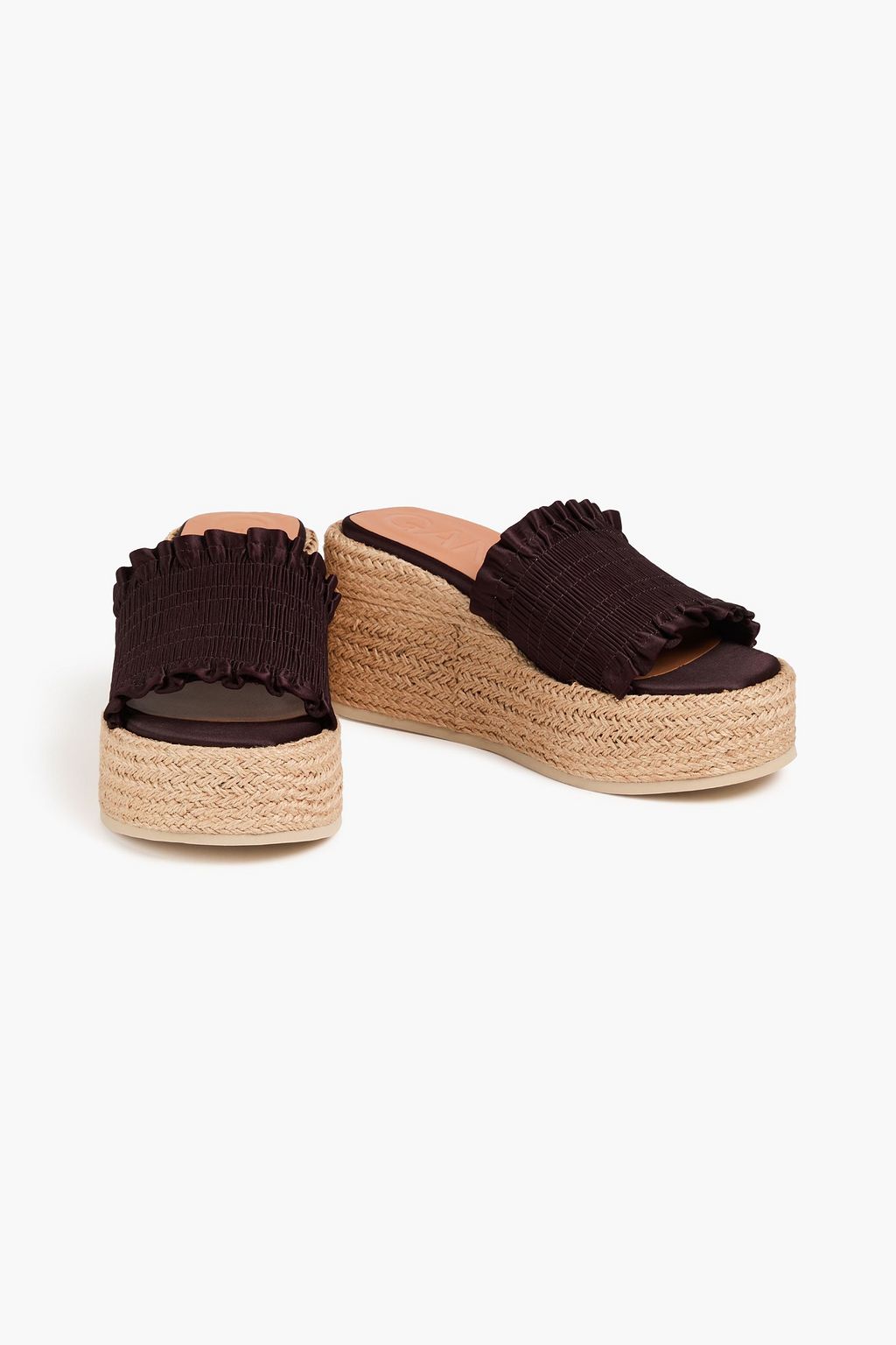 GANNI Ruffled satin wedge espadrille mules
