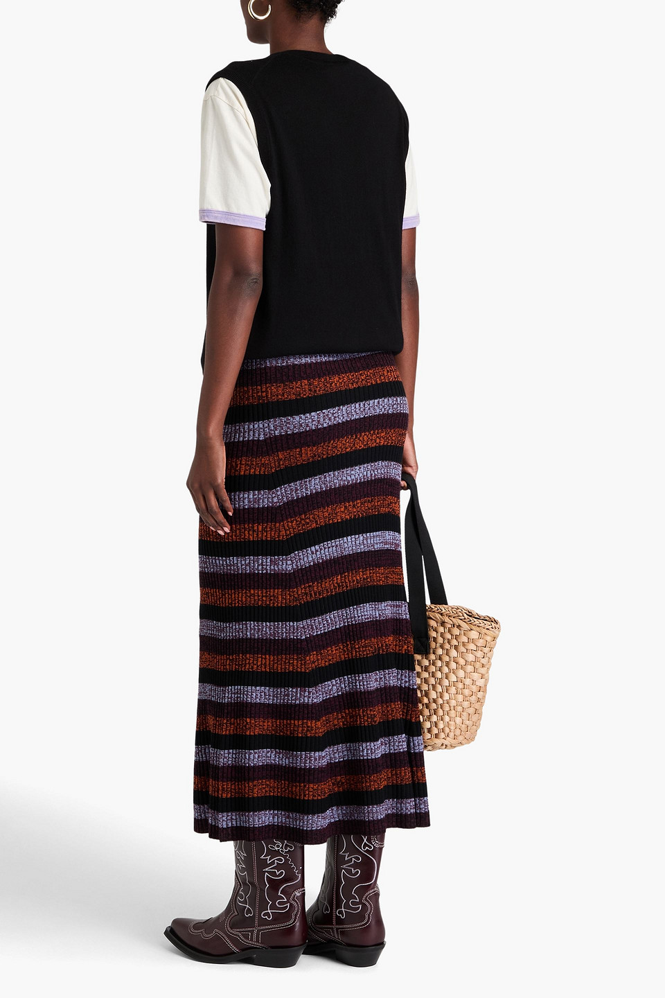 Ganni Rib-merino Striped Maxi Skirt In Multicolor