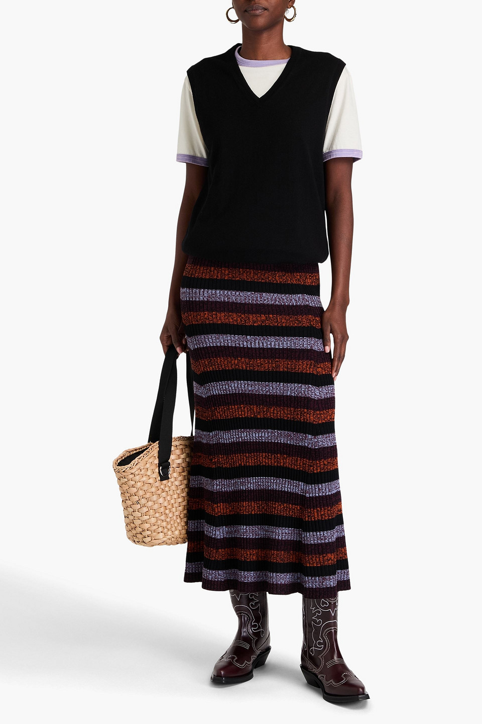 Ganni Rib-merino Striped Maxi Skirt In Multicolor