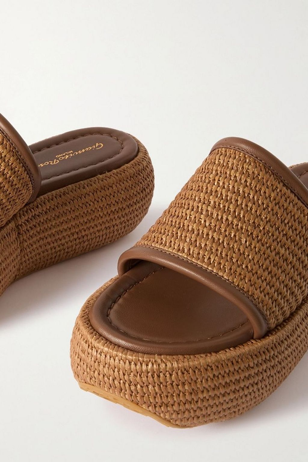 GIANVITO ROSSI Marbella leather-trimmed raffia platform slides