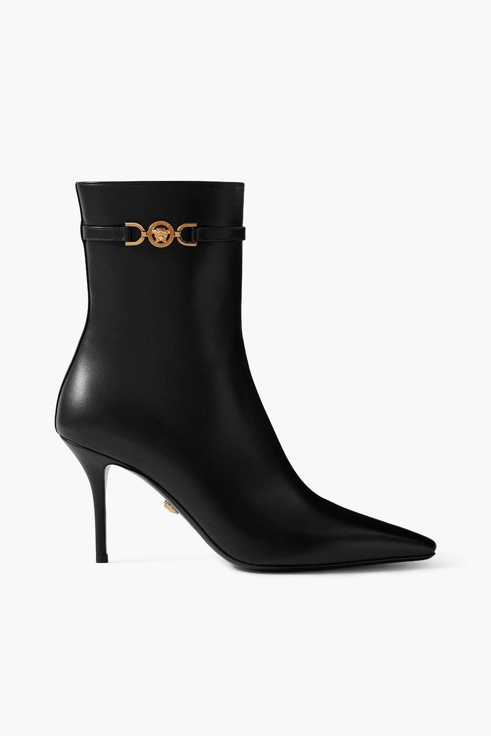 Versace Leather Booties With Logoed Strap And Stiletto Heel 9cm In Black