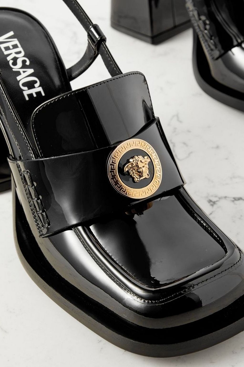 VERSACE Embellished patent-leather slingback pumps