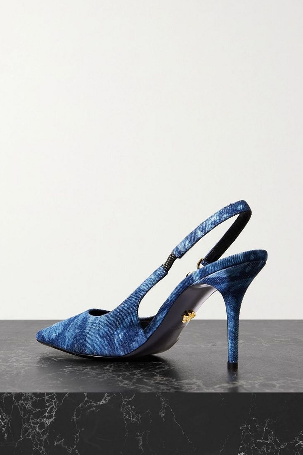 VERSACE Embellished printed denim slingback pumps