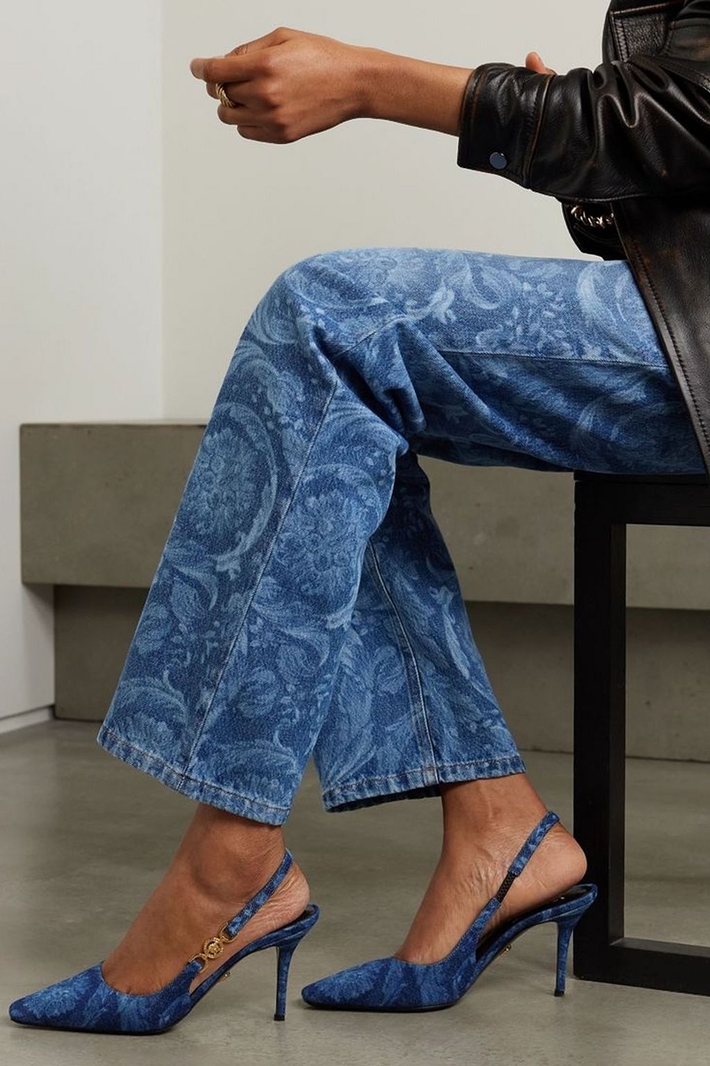 VERSACE Embellished printed denim slingback pumps