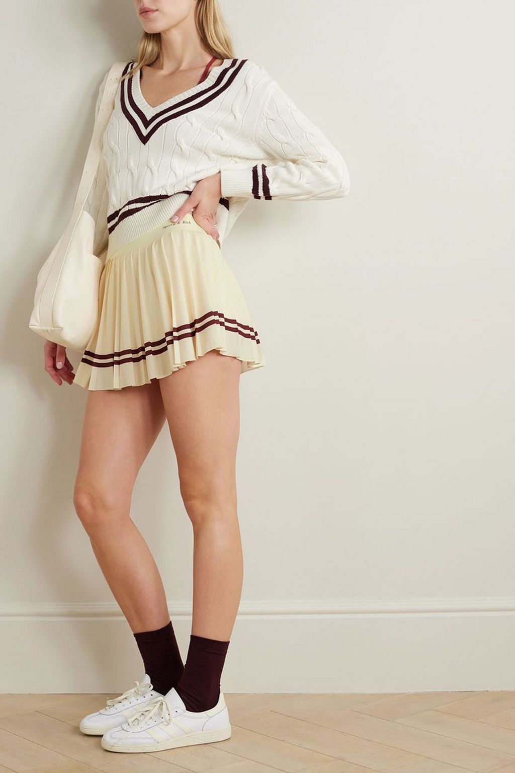 SPORTY & RICH ストレッチジャージー ミニスカート ストライプ プリーツ入り