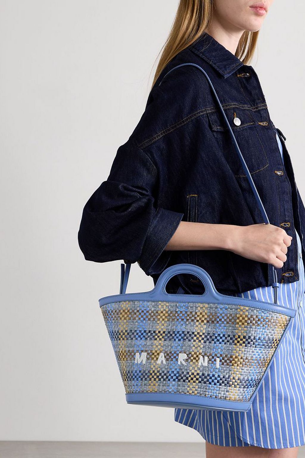 MARNI Tropicalia small leather-trimmed embroidered faux raffia tote