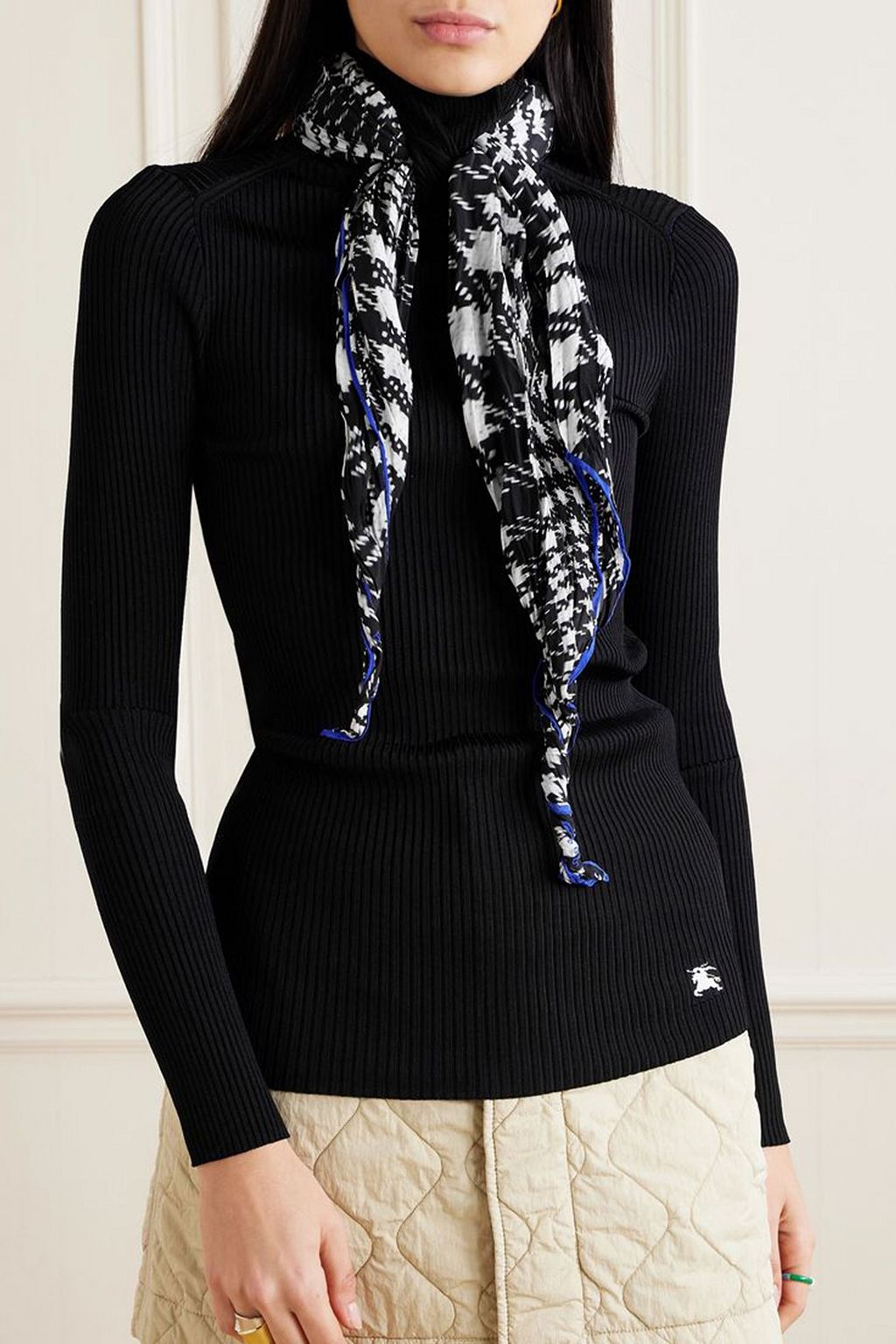BURBERRY Embroidered silk crepe de chine-trimmed ribbed-knit turtleneck sweater