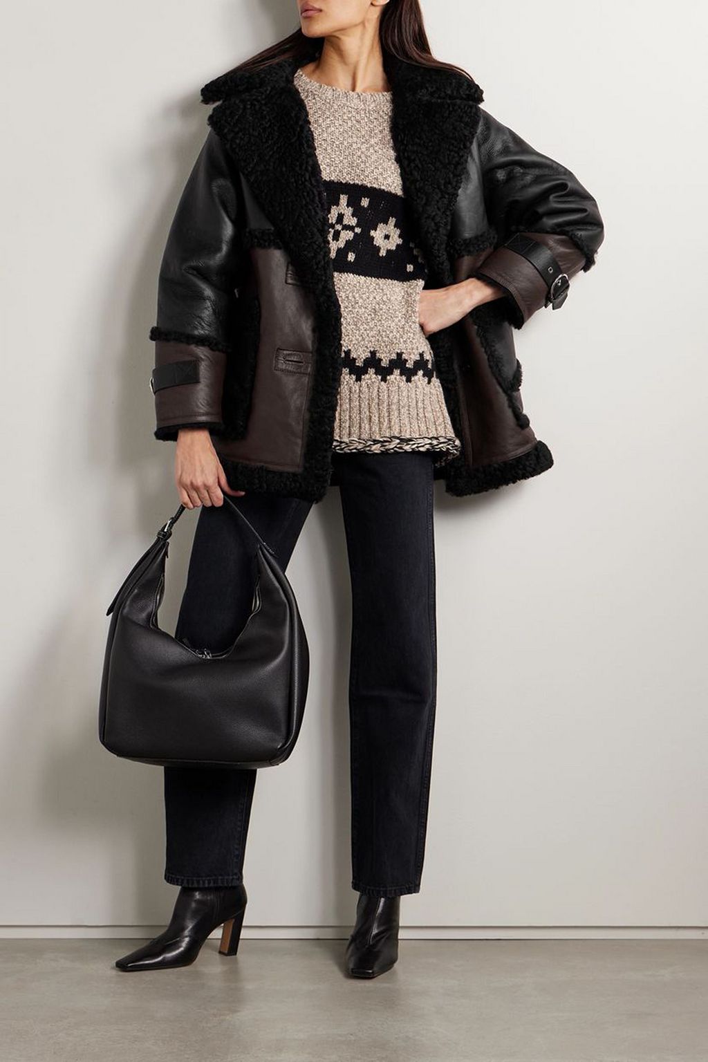 SHOREDITCH SKI CLUB Reva leather-trimmed paneled shearling jacket