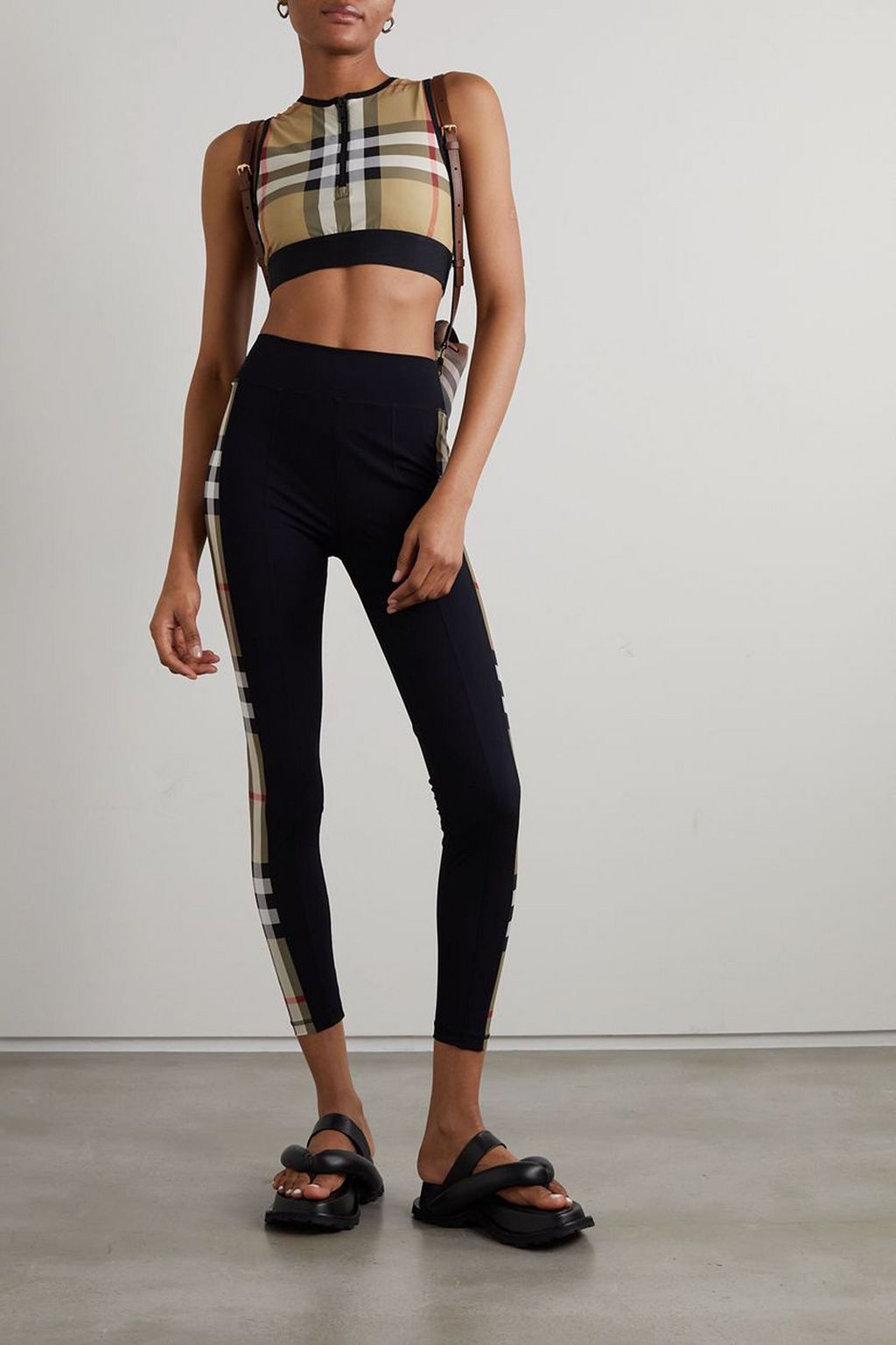BURBERRY Cropped zip-detailed checked stretch-jersey top