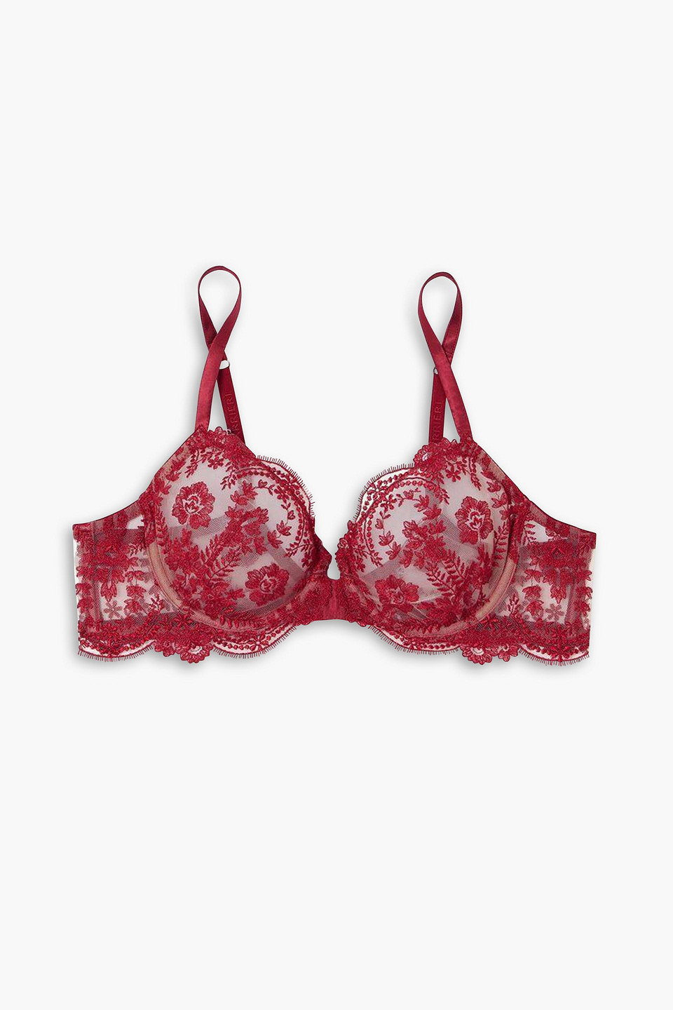 Tuscan Holiday satin-trimmed embroidered tulle underwired bra