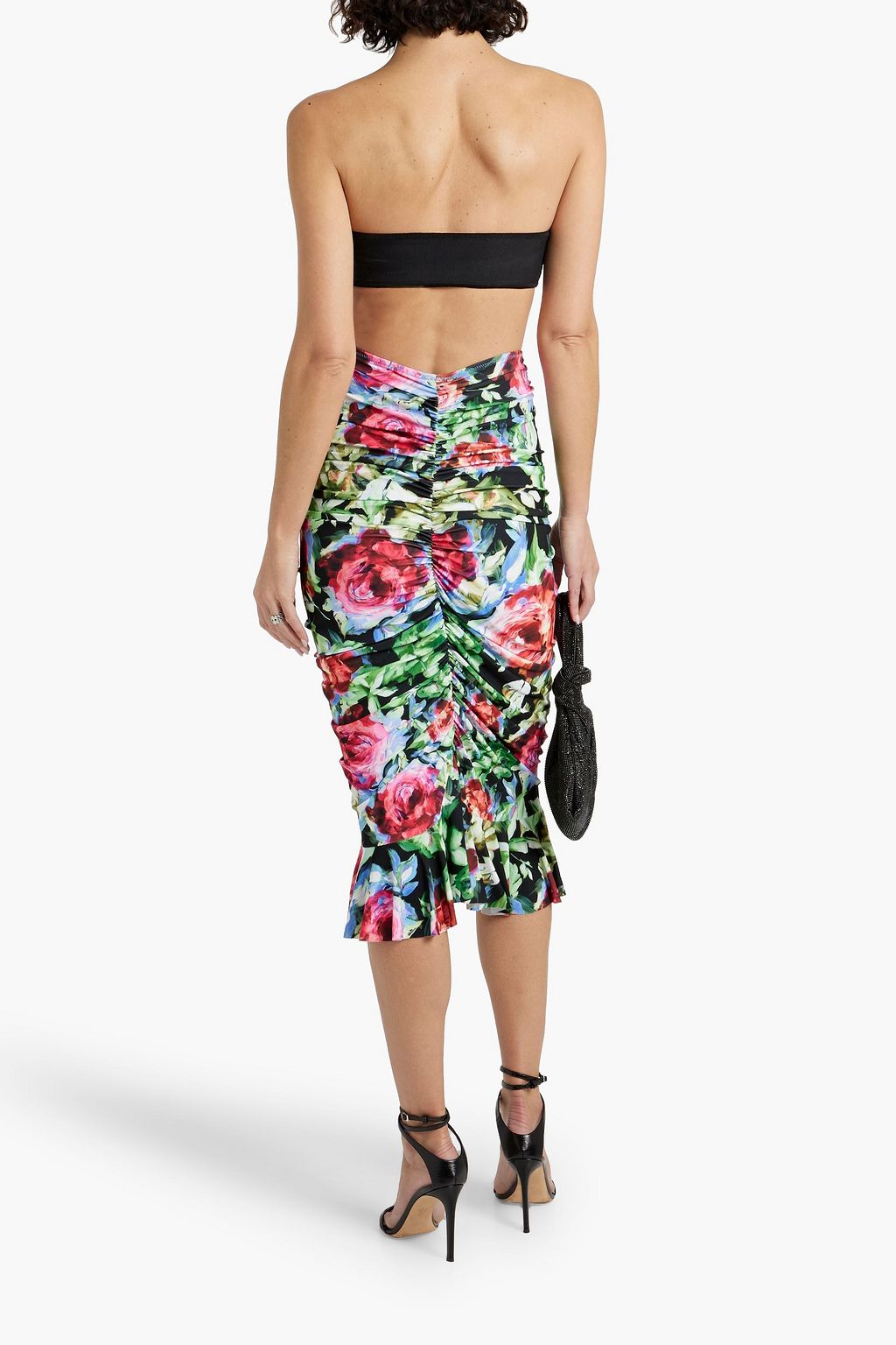 NORMA KAMALI Ruched floral-print stretch-jersey midi skirt