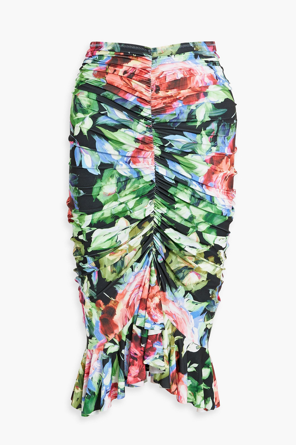 Ruched floral-print stretch-jersey midi skirt