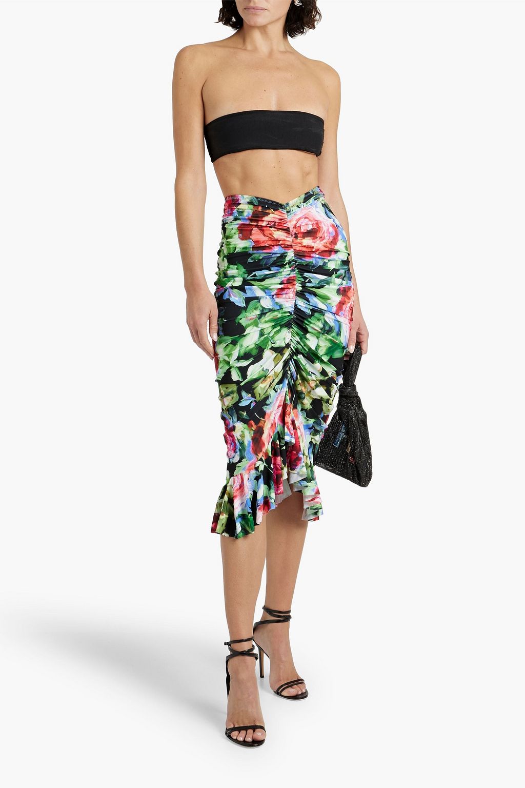 NORMA KAMALI Ruched floral-print stretch-jersey midi skirt