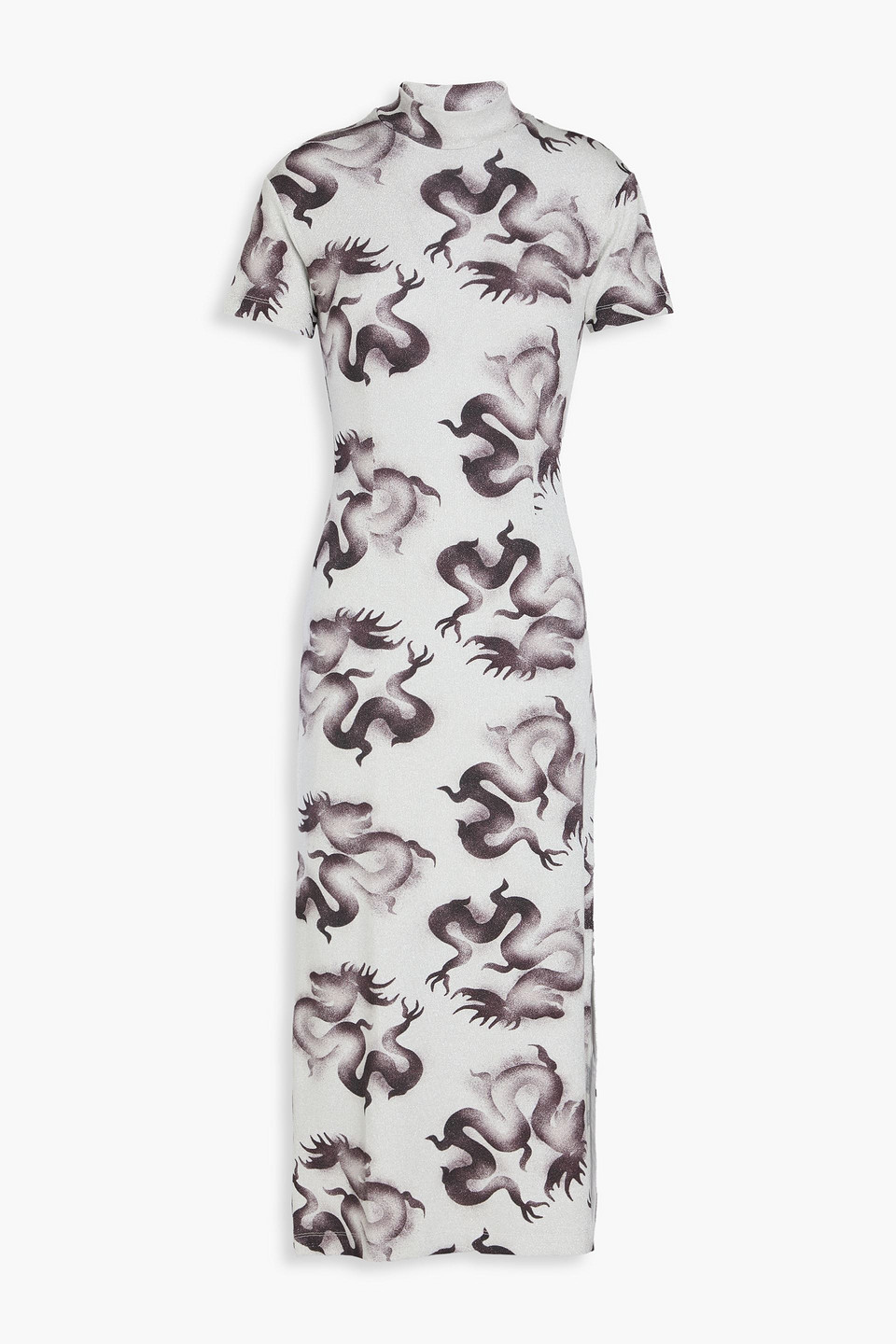 Acne Studios Printed Metallic Knitted Turtleneck Midi Dress In Light Grey