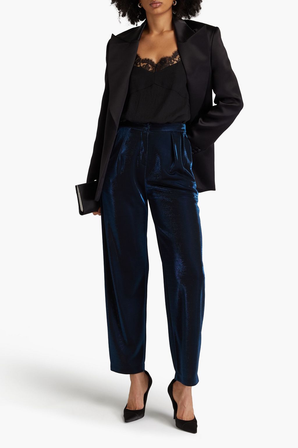 EMPORIO ARMANI 플리츠 디테일 메탈릭 저지 테이퍼드 진