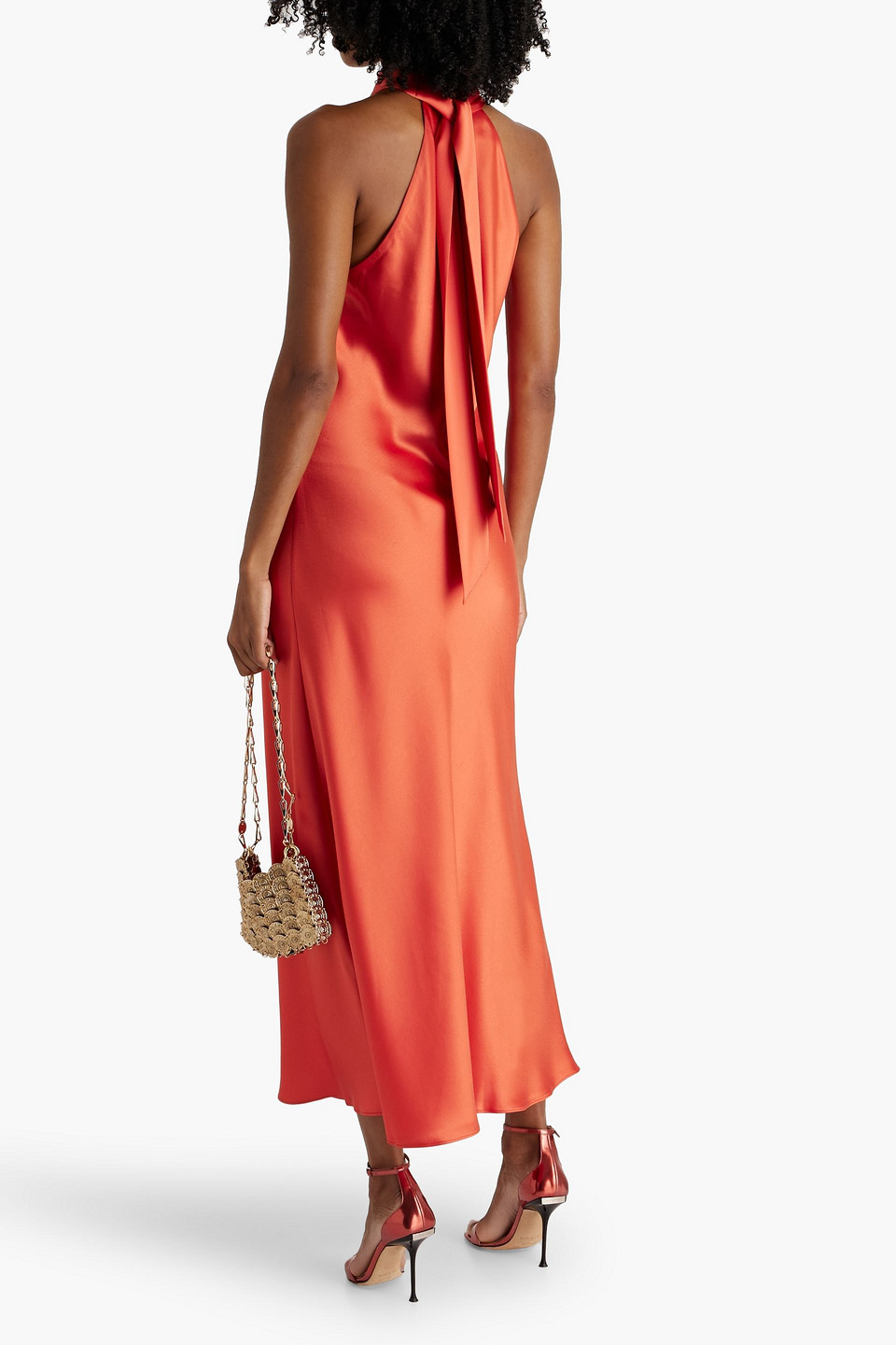 Shop Galvan Sienna Tie-back Satin Midi Dress In Coral