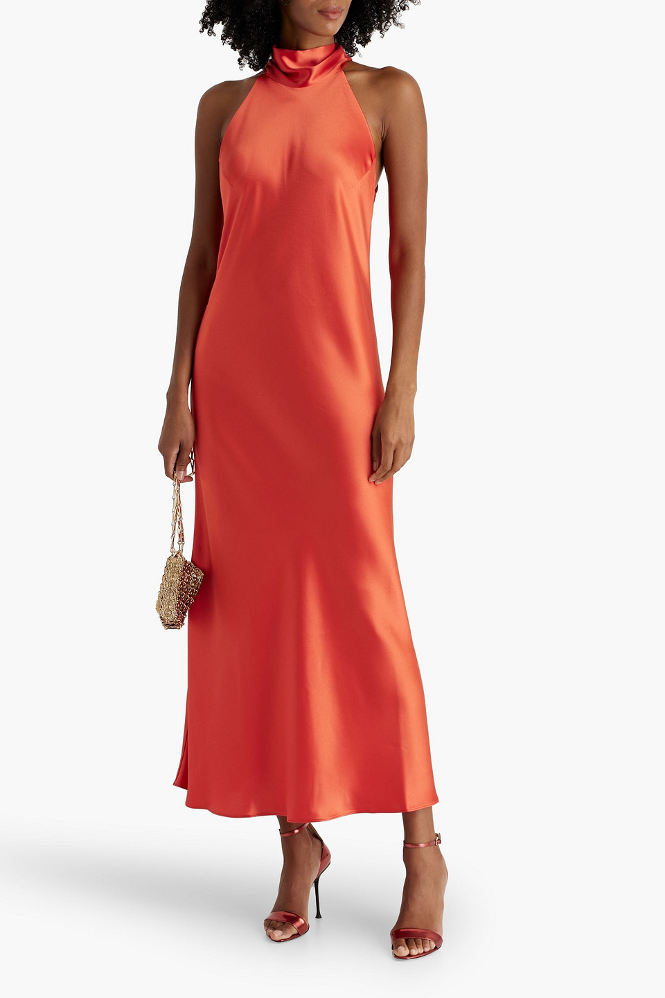 Shop Galvan Sienna Tie-back Satin Midi Dress In Coral