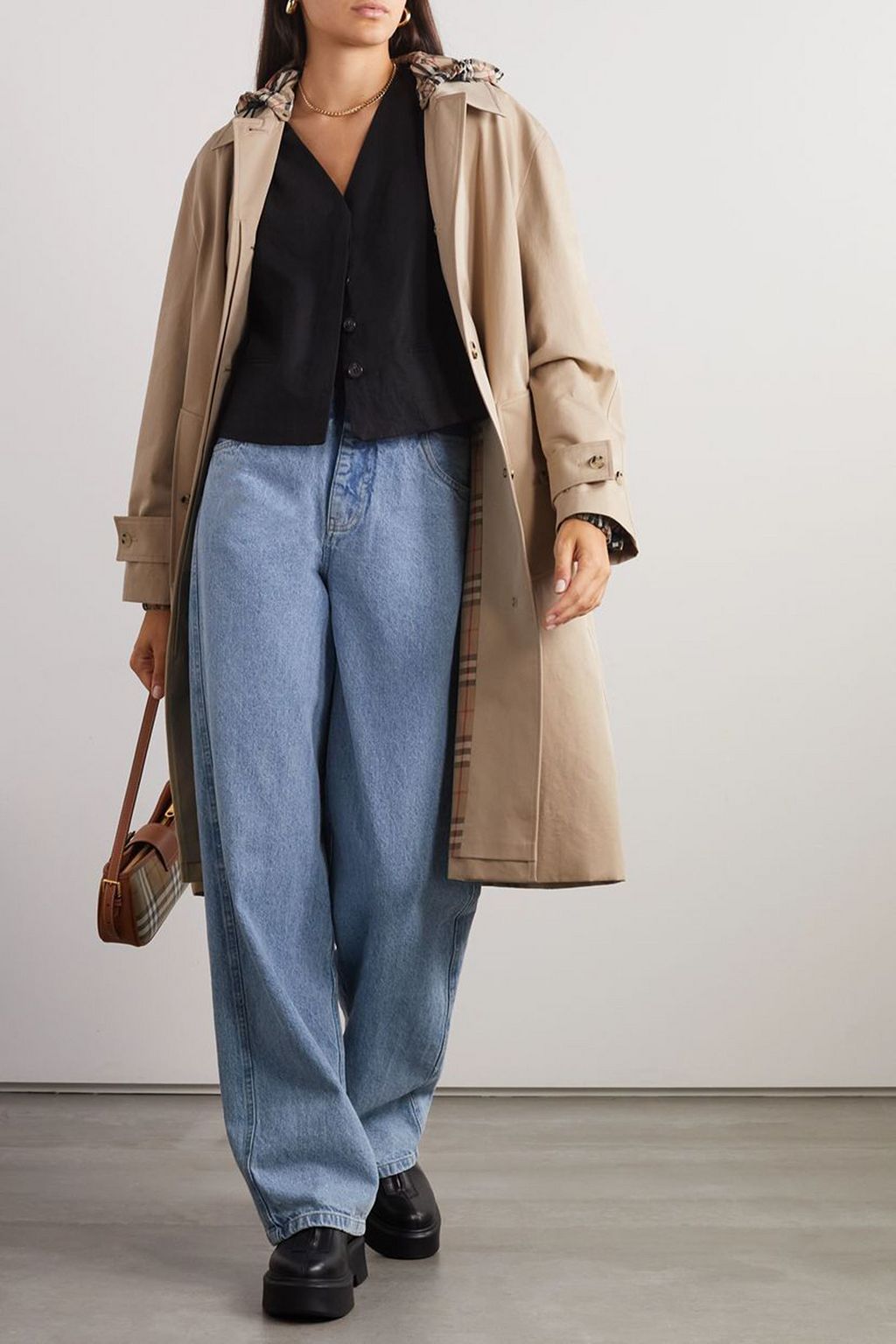 BURBERRY Hooded checked shell-trimmed cotton-gabardine trench coat