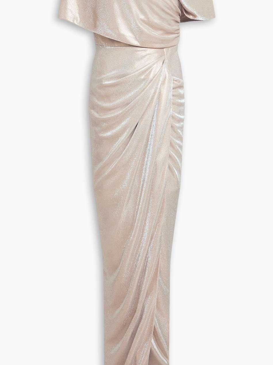off-the-shoulder wrap-effect metallic jersey gown