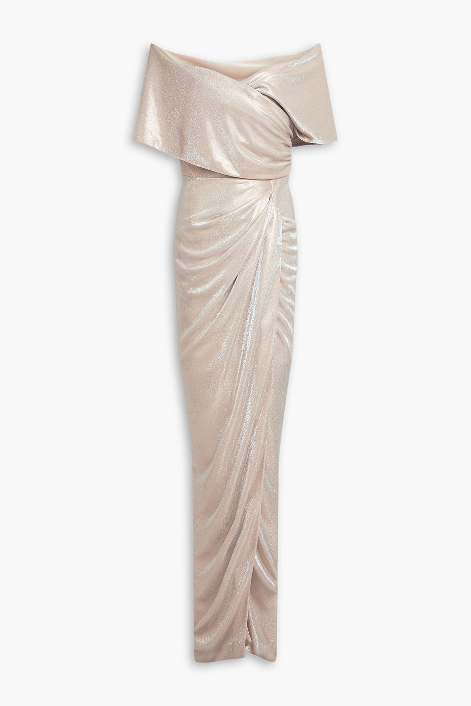 Rhea Costa Off-the-shoulder Wrap-effect Metallic Jersey Gown In Neutral