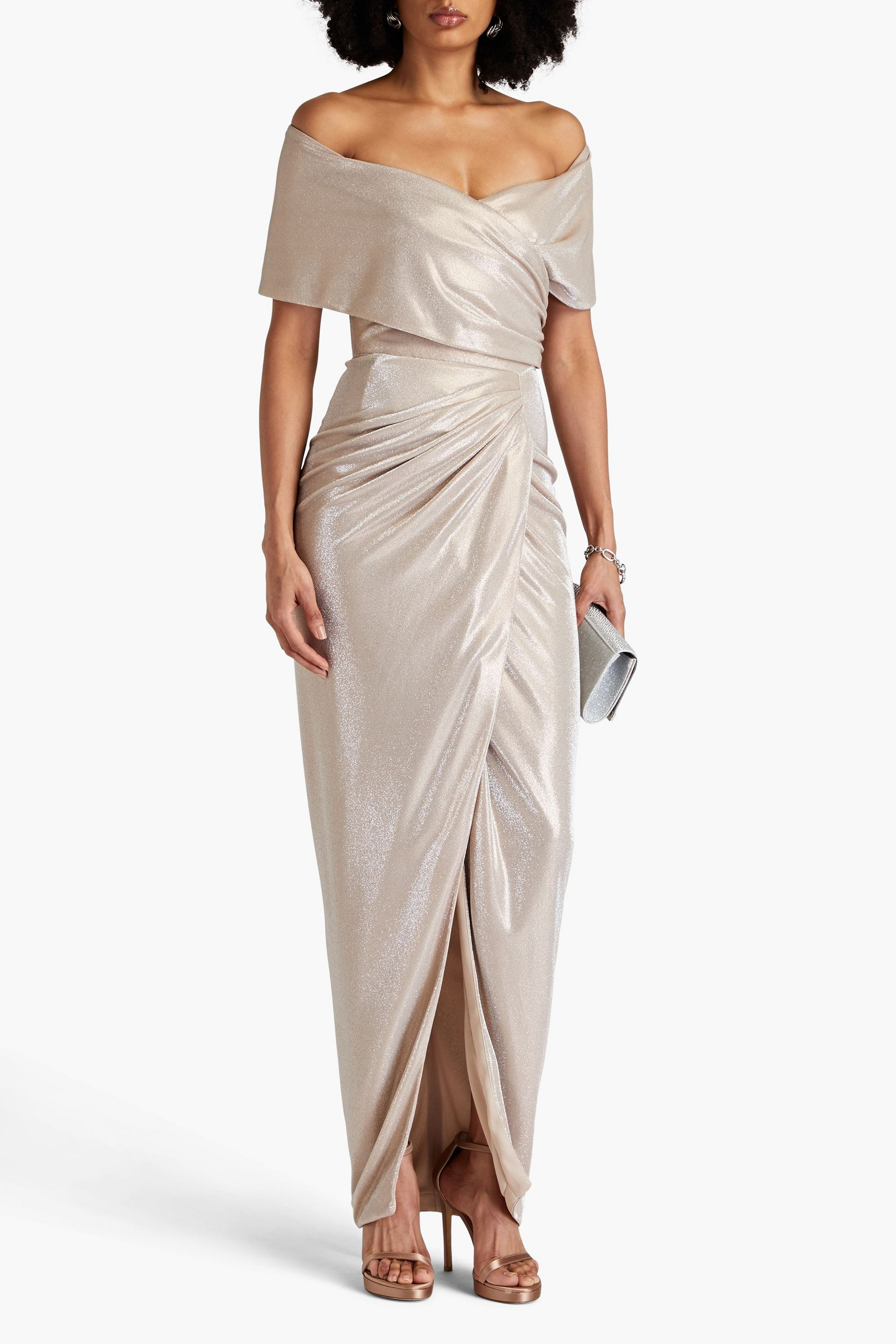 RHEA COSTA Off-the-shoulder wrap-effect metallic jersey gown