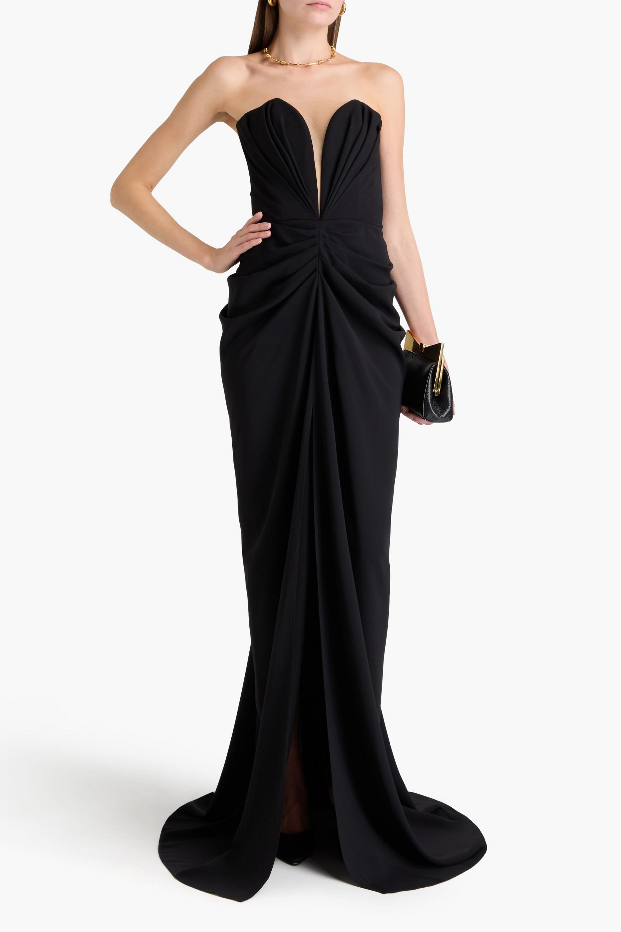 RHEA COSTA Strapless draped faille gown