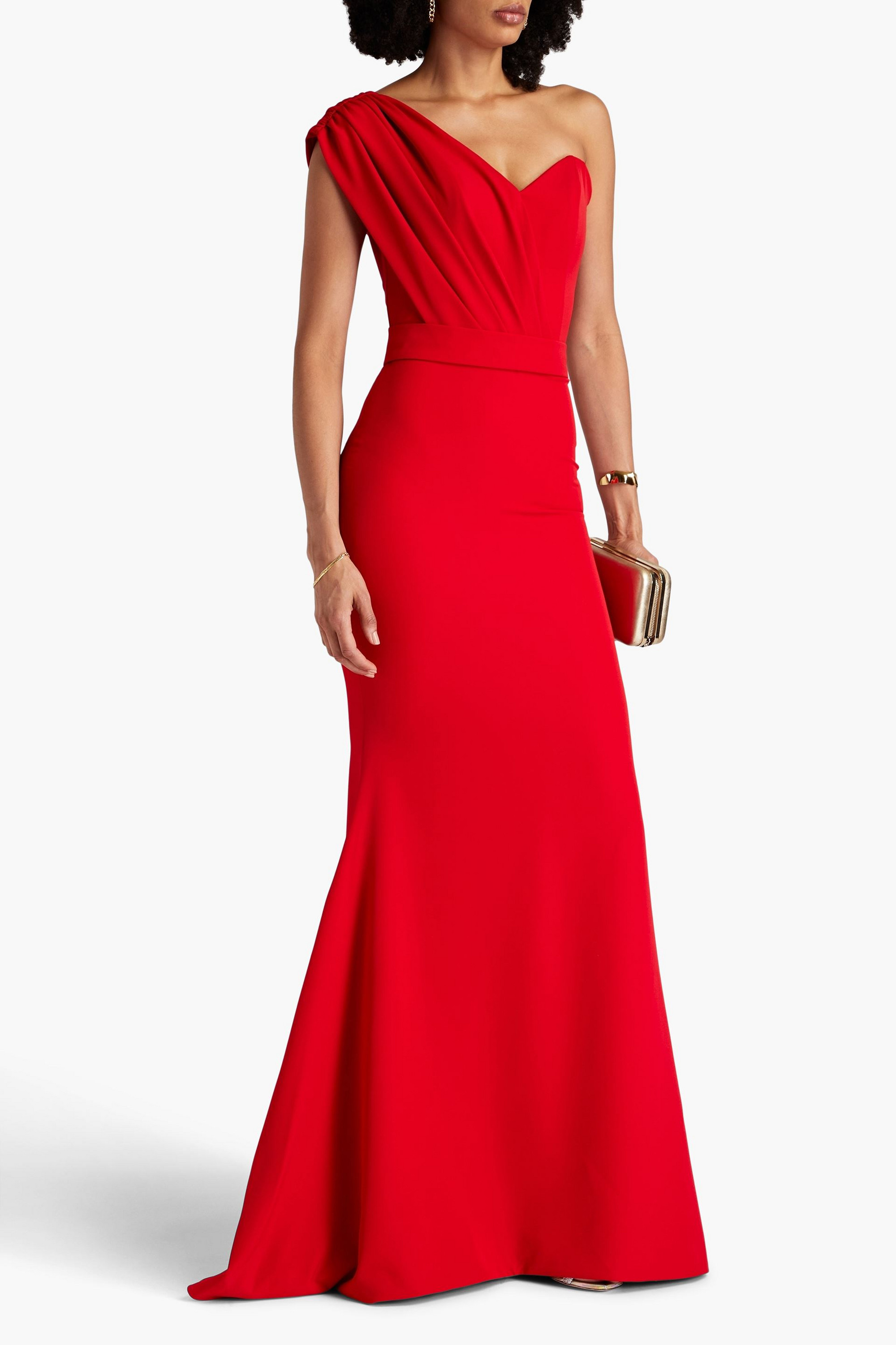 RHEA COSTA One-shoulder pleated crepe gown