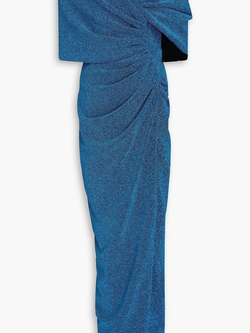 off-the-shoulder wrap-effect metallic jersey gown