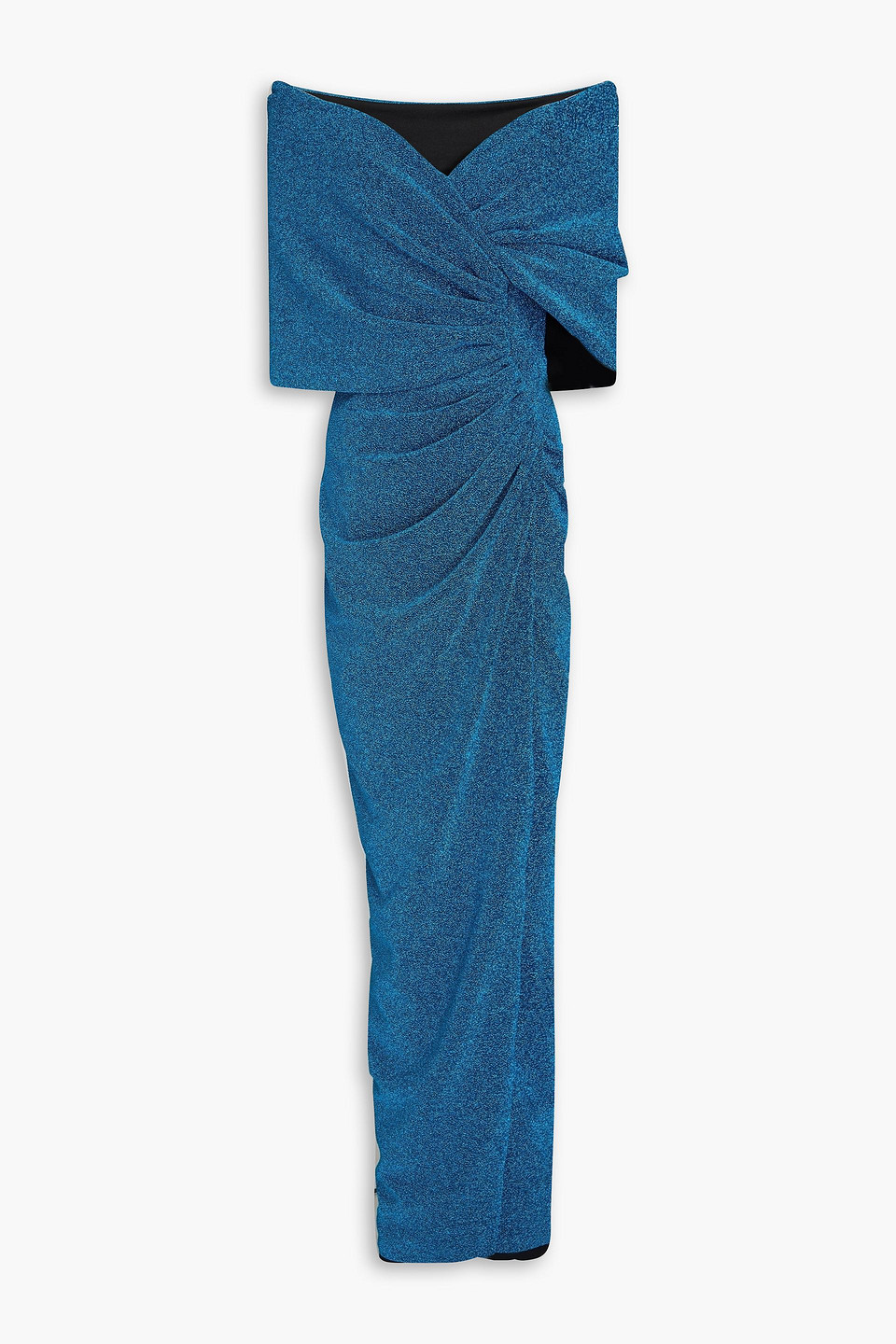Rhea Costa Off-the-shoulder Wrap-effect Metallic Jersey Gown In Cobalt Blue