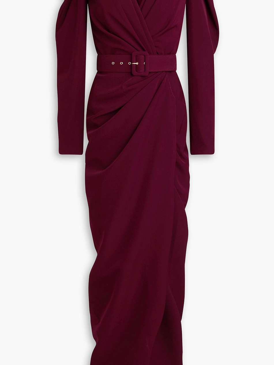 wrap-effect belted crepe gown