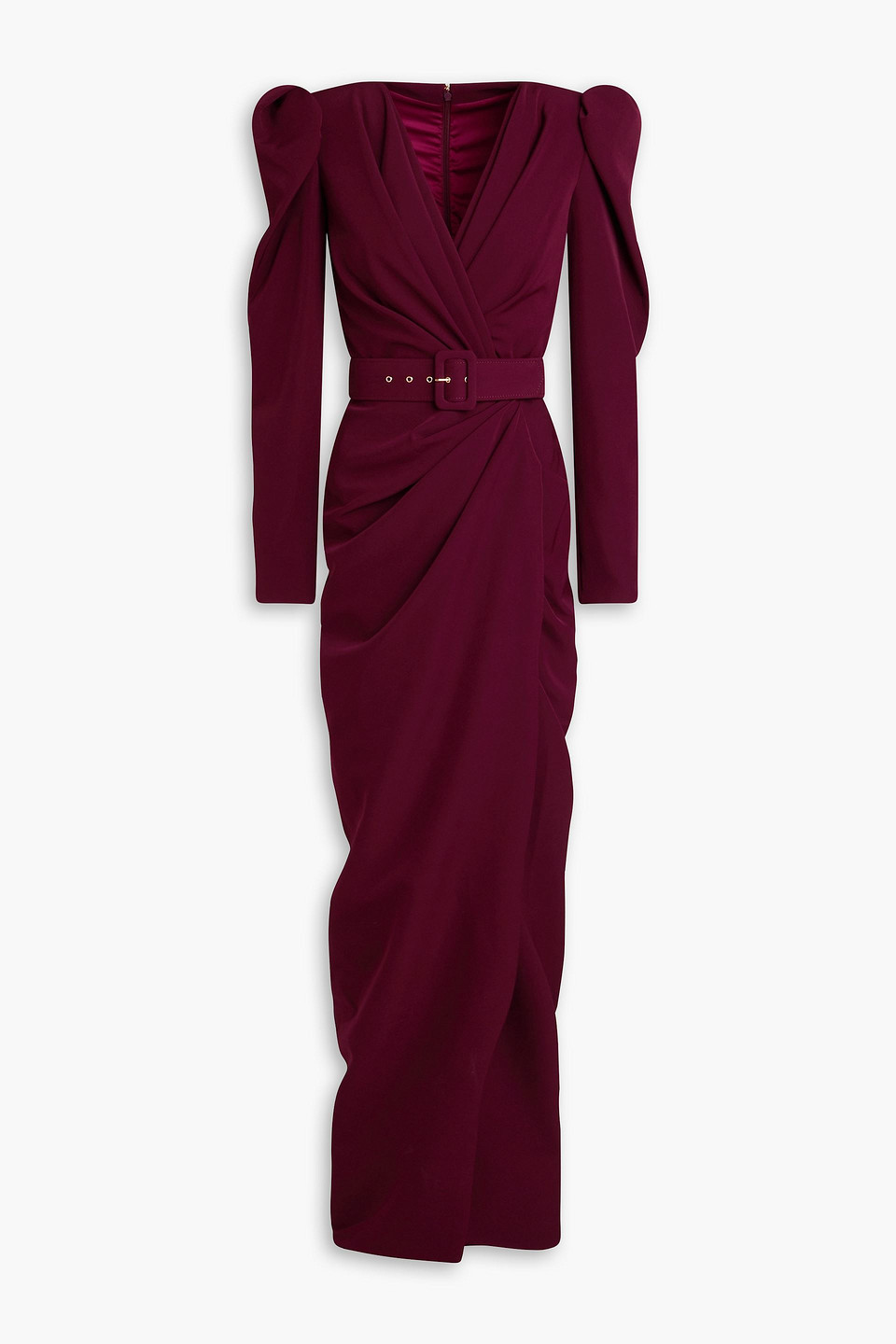 Rhea Costa Wrap-effect Belted Crepe Gown In Burgundy