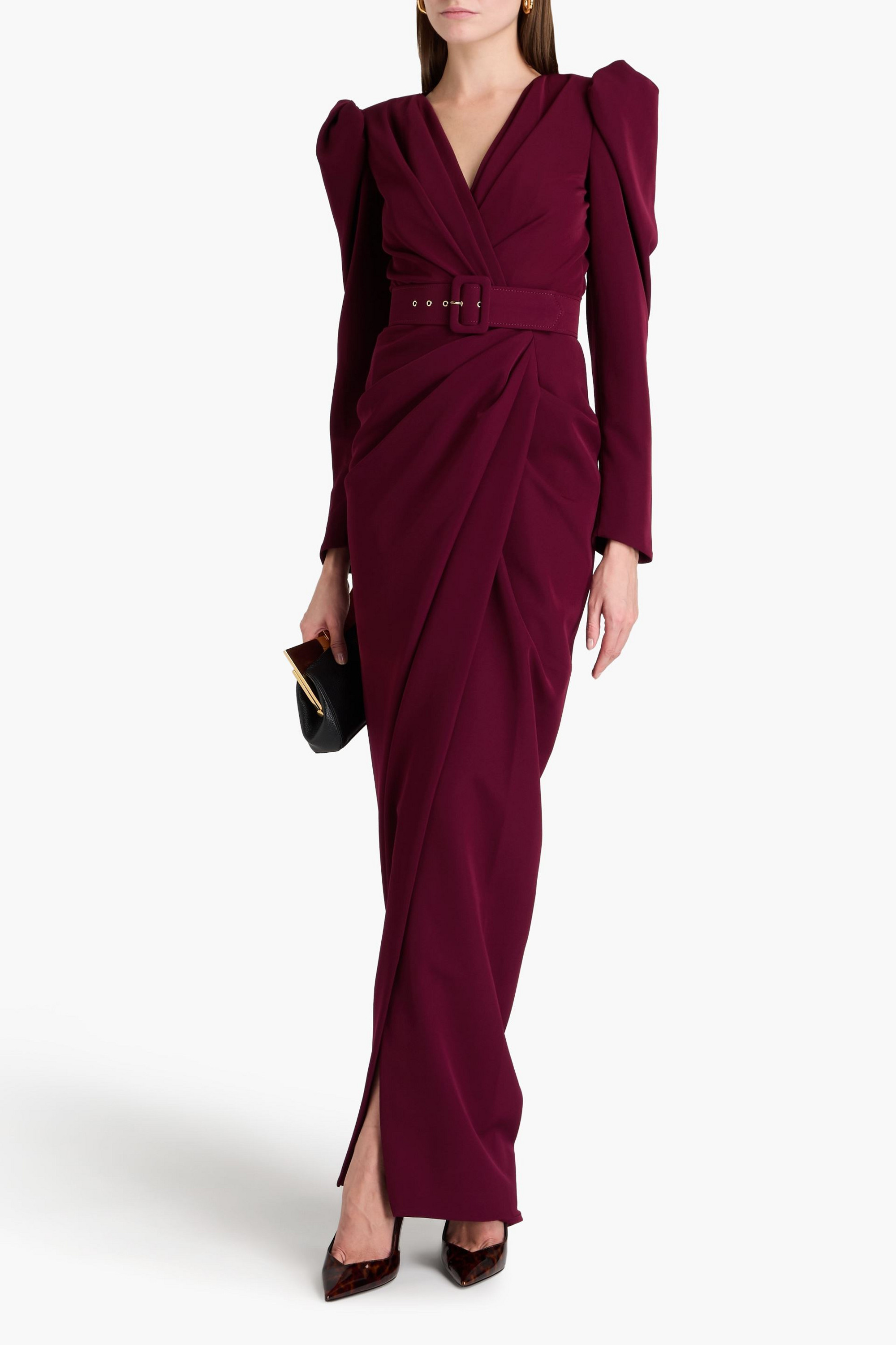 RHEA COSTA Wrap-effect belted crepe gown