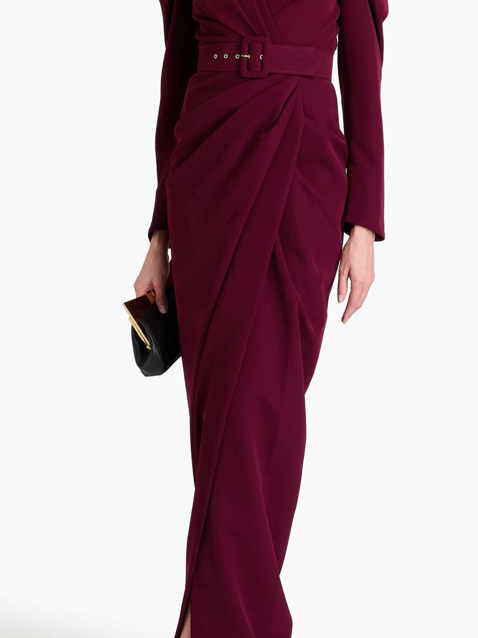 wrap-effect belted crepe gown