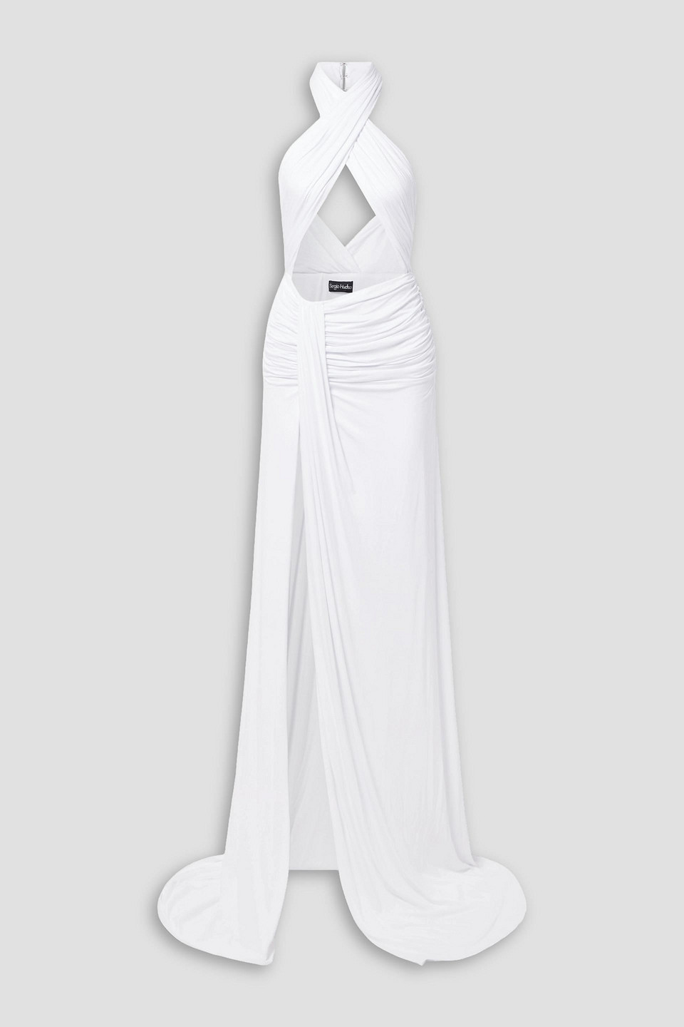 Sergio Hudson Cutout Ruched Stretch-bamboo Rayon Halterneck Gown In White