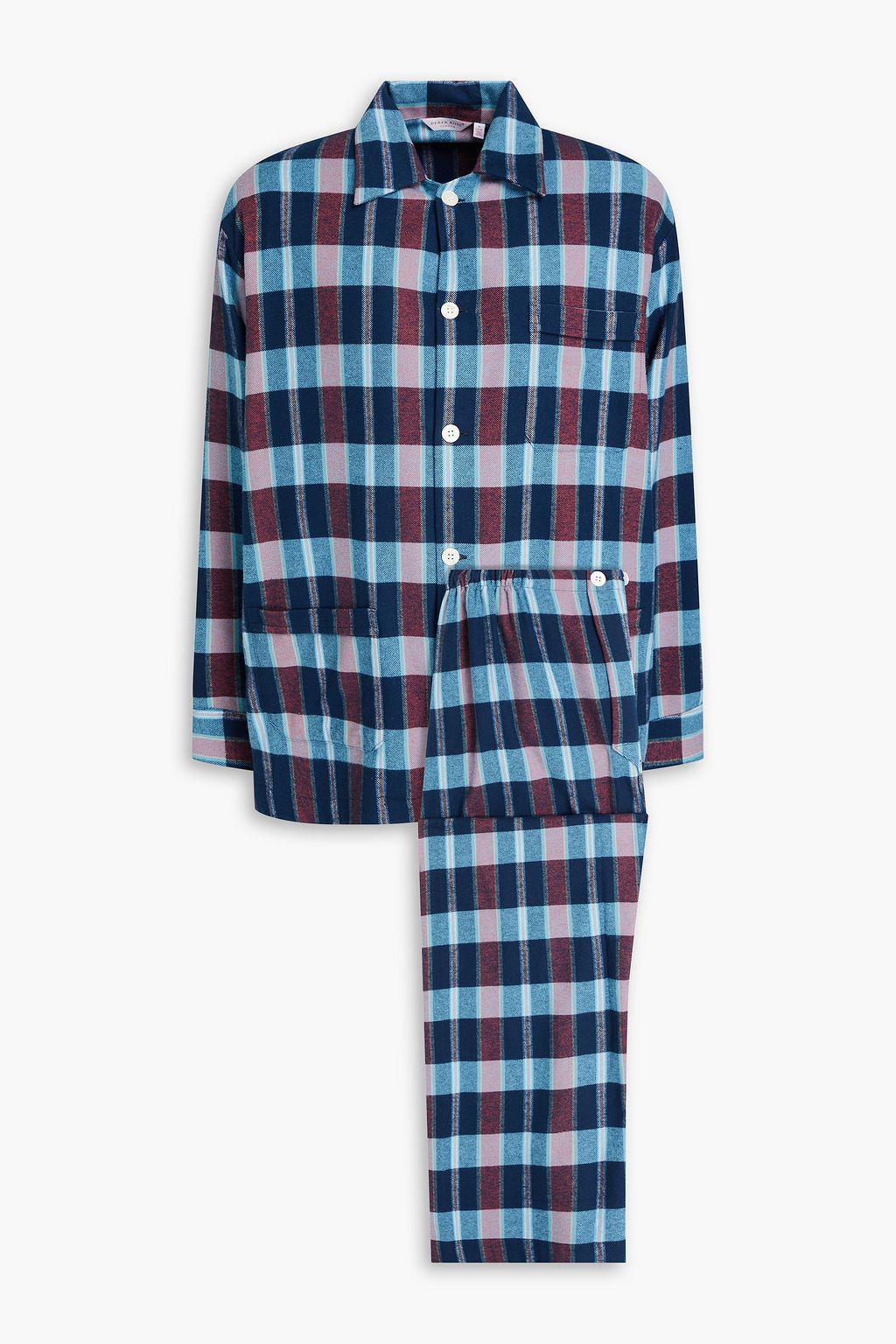 Checked cotton flannel pajama set navy S