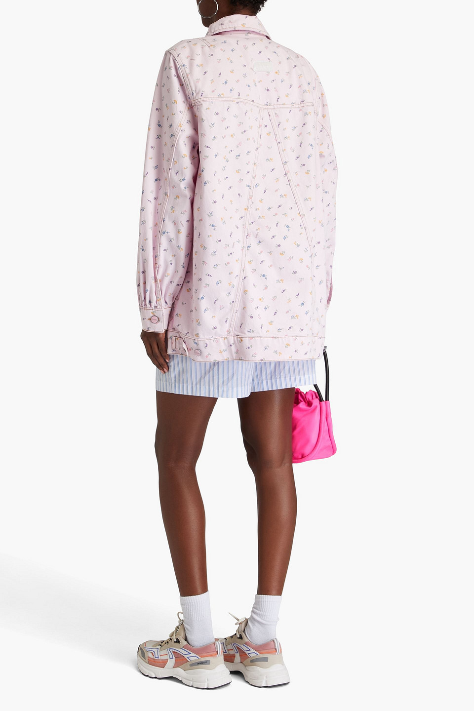 Ganni Oversized Flower Print Denim Jacket In Pastel Pink