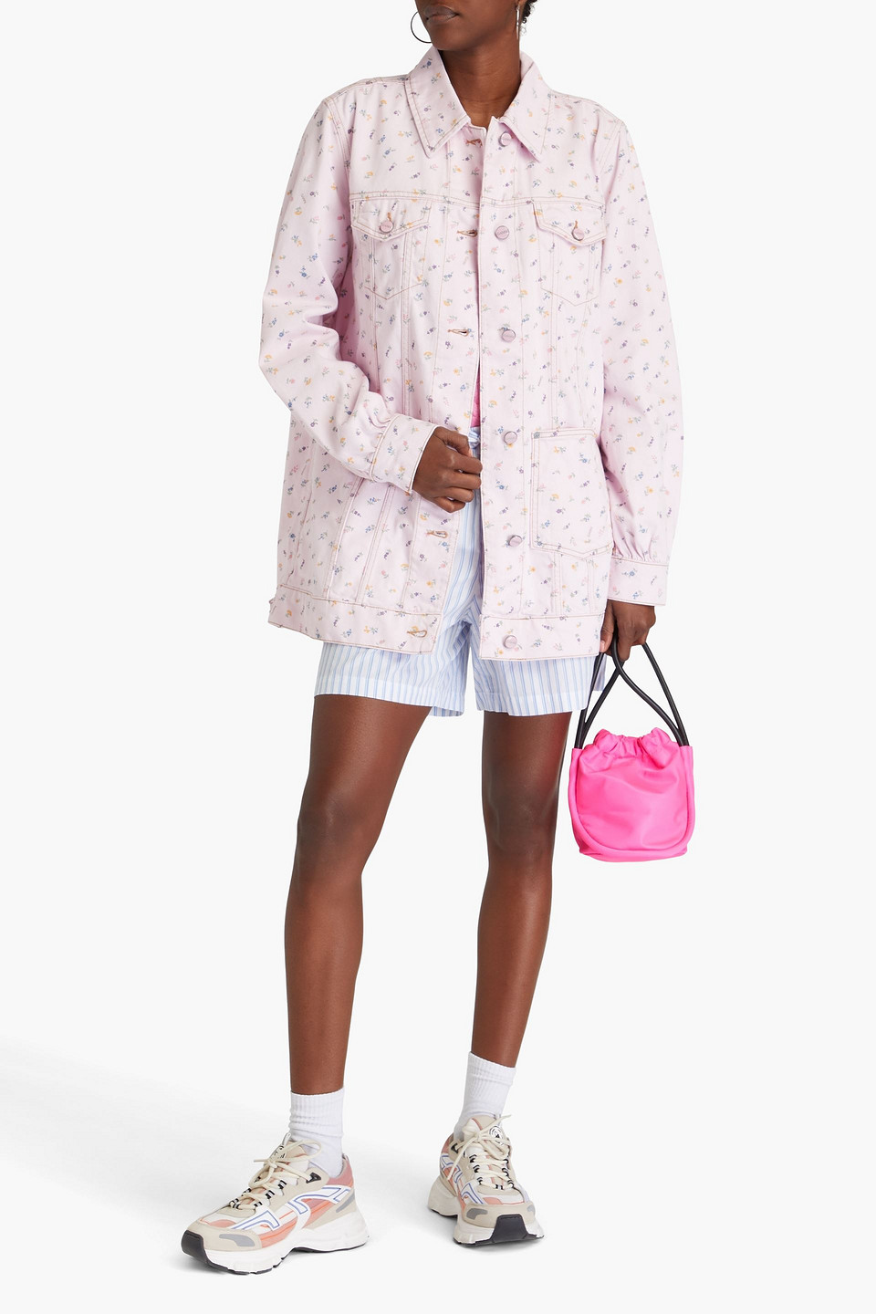 Ganni Oversized Flower Print Denim Jacket In Pastel Pink