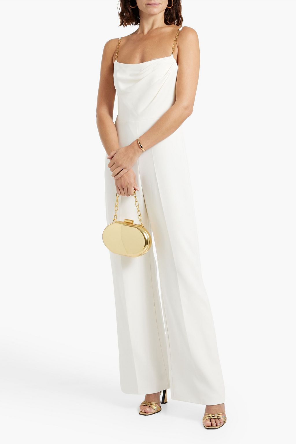 HALSTON Brea chain-embellished stretch-crepe wide-leg jumpsuit