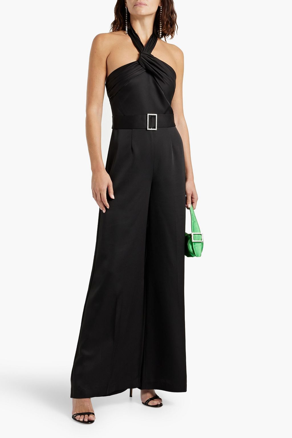 HALSTON Kani crystal-embellished satin-crepe wide-leg halterneck jumpsuit